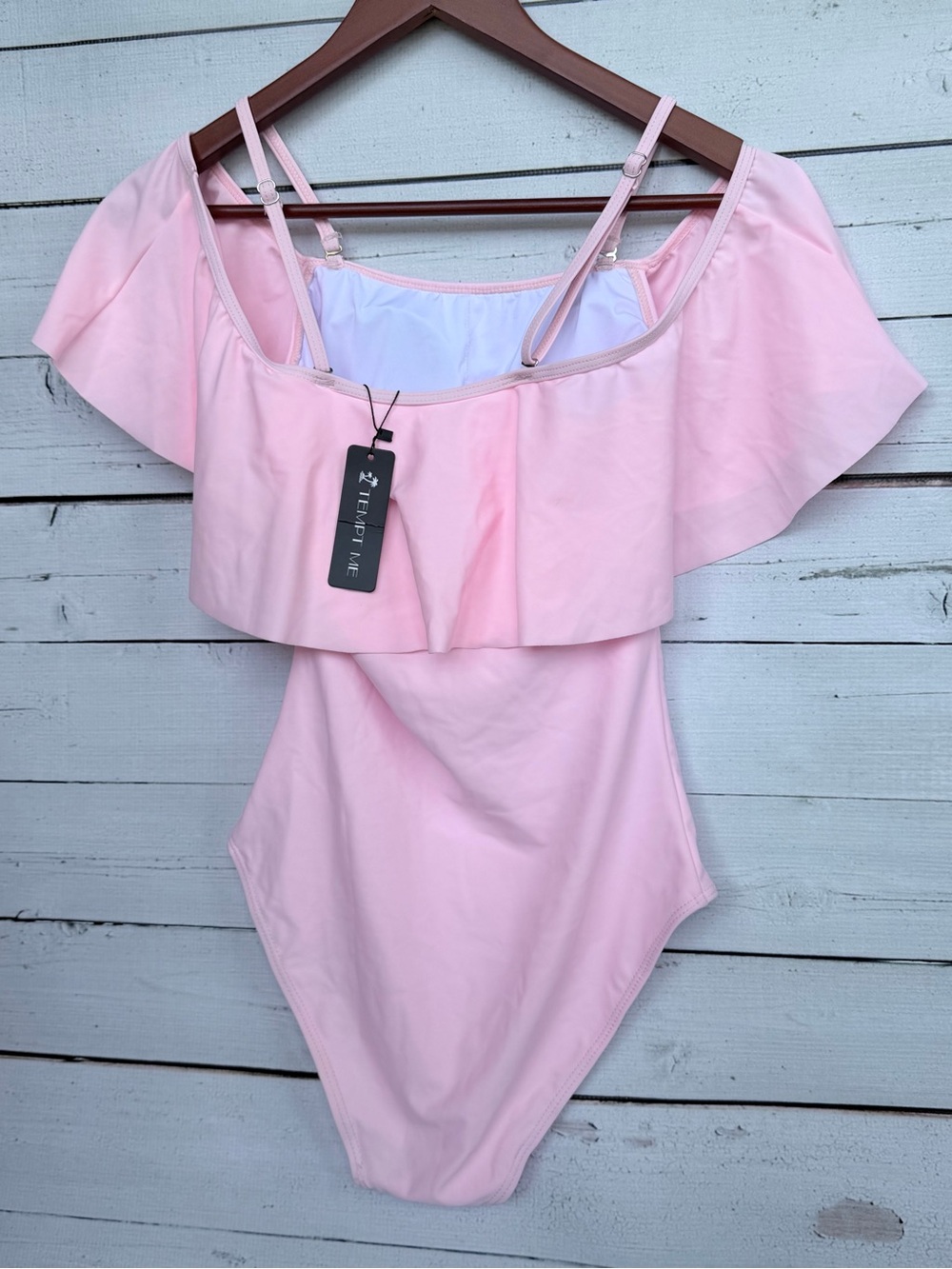 NWT Tempt Me Pink Off-the-Shoulder Ruffle One Piece Swimsuit - Picture 7 of 7